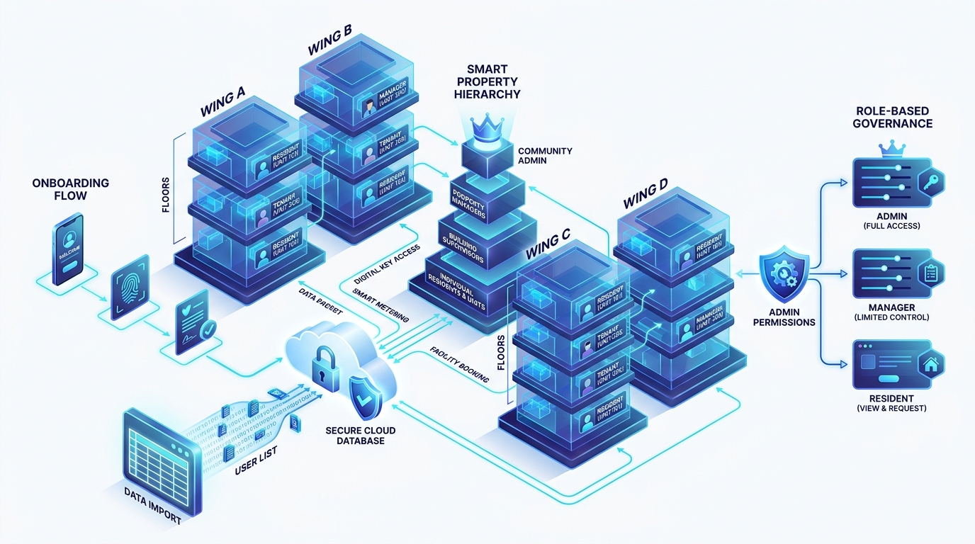 Multi-tenant residential community onboarding and hierarchy diagram