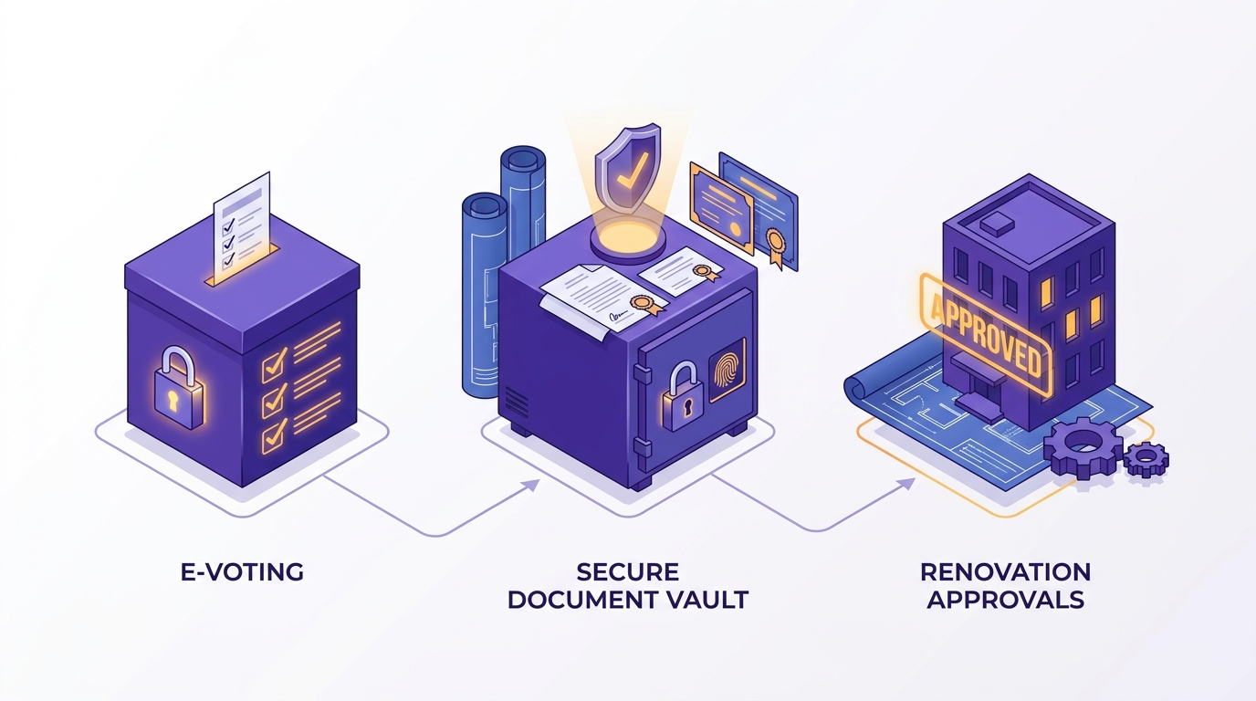 Isometric 3D vector diagram of resident voting document vault and renovation approvals